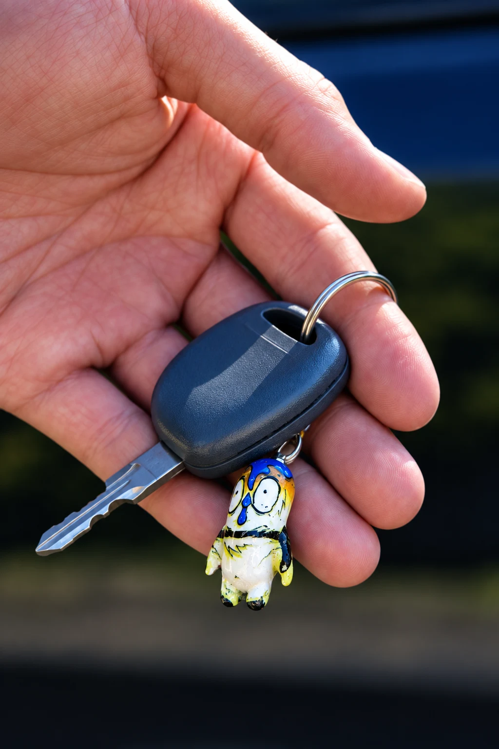 Chicken charm hanging from a car key